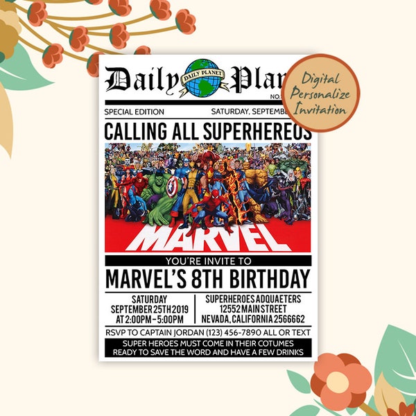 Superhero Newspaper Invitation, Superhero Birthday Invitation, Superhero Party Invitation, Superhero Birthday Party, Superhero Party Favors