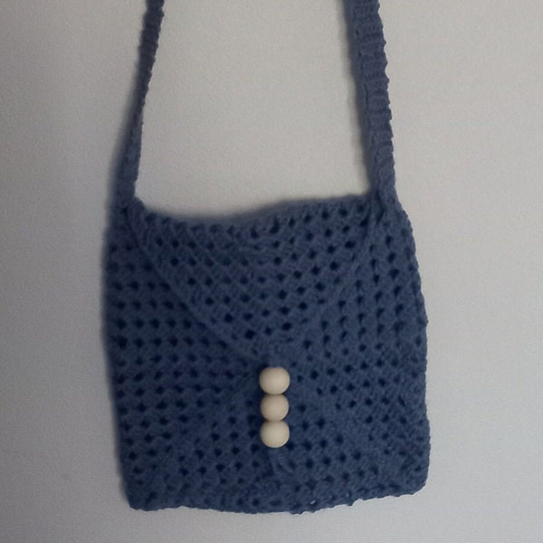 SAC - Bohème - bleu- perles bois - Granny - Carrés de Grand-mère - fait main