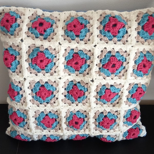 HOUSSE de COUSSIN - granny - carrés de grand-mère - blanc rose bleu - 40*40 cm