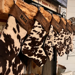 Cow Print Christmas Stockings, Cowhide Print, Burnt Orange, Tri Color