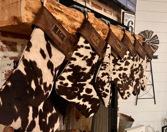 Cow Print Christmas Stockings, Cowhide, Burnt Orange, Tri Color