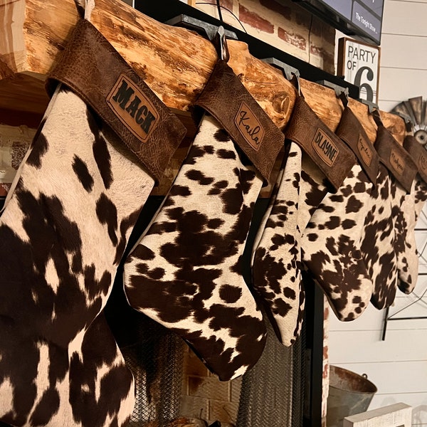 Cow Print Christmas Stockings, Cowhide, Burnt Orange, Tri Color