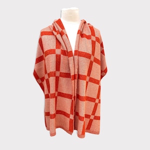 Cashmere merino large knitted two colour check scarf wrap Red and Peach