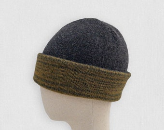 Angora and wool knit double layered beanie two colour hat in Black and Green marl