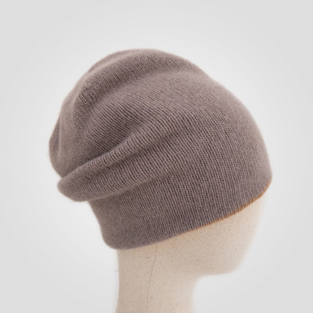 Angora Wool Knit Beanie Double Layer Two Colour Hat Beige and - Etsy UK