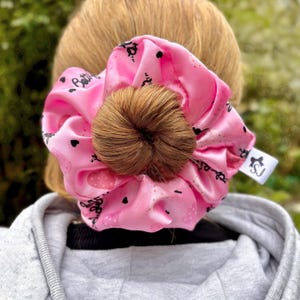Pink satin scrunchie with hearts, hair tie ponytail holder, basic regular size