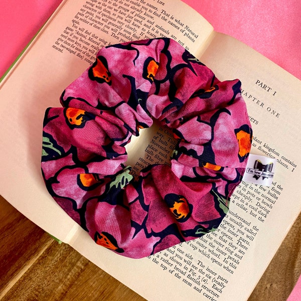 Pink floral cotton hair tie scrunchie, strong medium non-slip hair tie for fun hair styles, women's hair elastic, zero-waste headband.