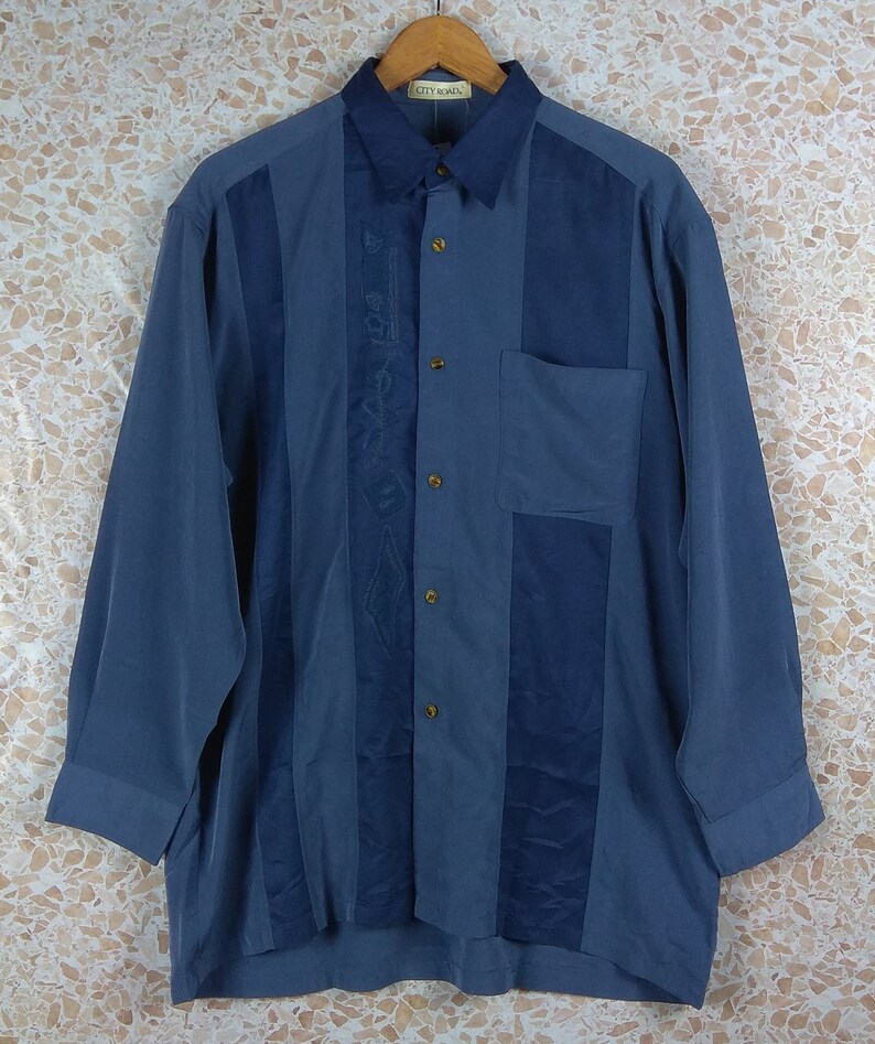 Vintage Patterned City Road Pattern Shirt Vintage Button Down Color Block Print Large Size
