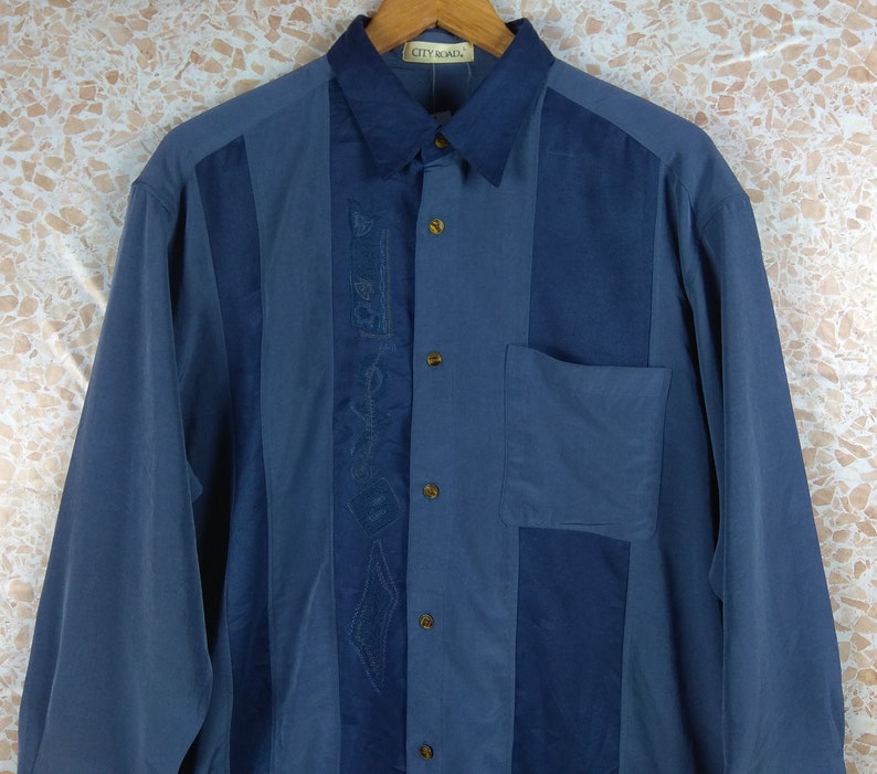 Vintage Patterned City Road Pattern Shirt Vintage Button Down Color Block Print Large Size