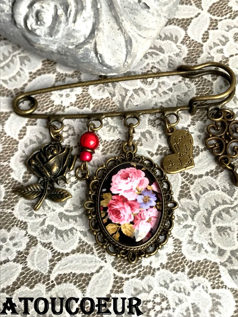 Broche épingle cabochon Métal Bronze , Collection Broches, Vintage, Romantique Baroque. Bild 8