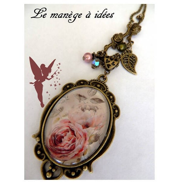 Retro Romantic Peony Rose Pendant Necklace.