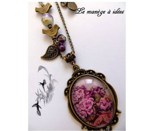 Collier, Pendentif,Métal Bronze, cabochon,La Douceur De La Violette,Romantique.