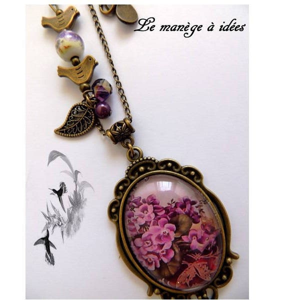 Collier, Pendentif,Métal Bronze, cabochon,La Douceur De La Violette,Romantique.