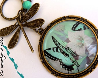 Porte-Clés  cabochon Métal Bronze , Mon Papillon Turquoise , Romantique Vintage Baroque.