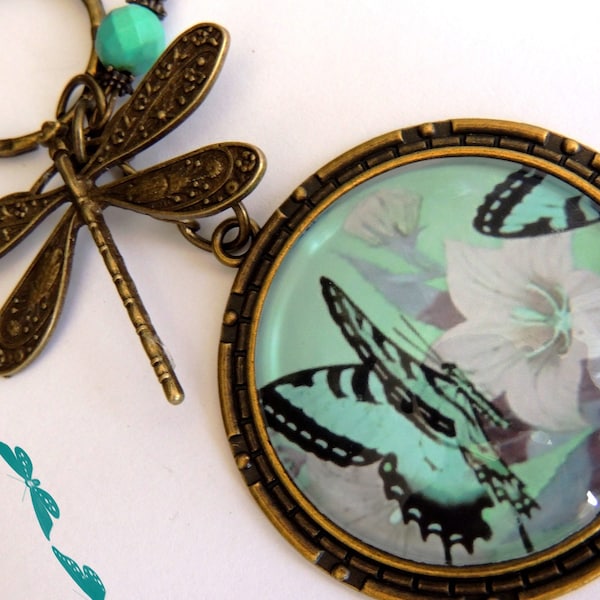 Porte-Clés  cabochon Métal Bronze , Mon Papillon Turquoise , Romantique Vintage Baroque.