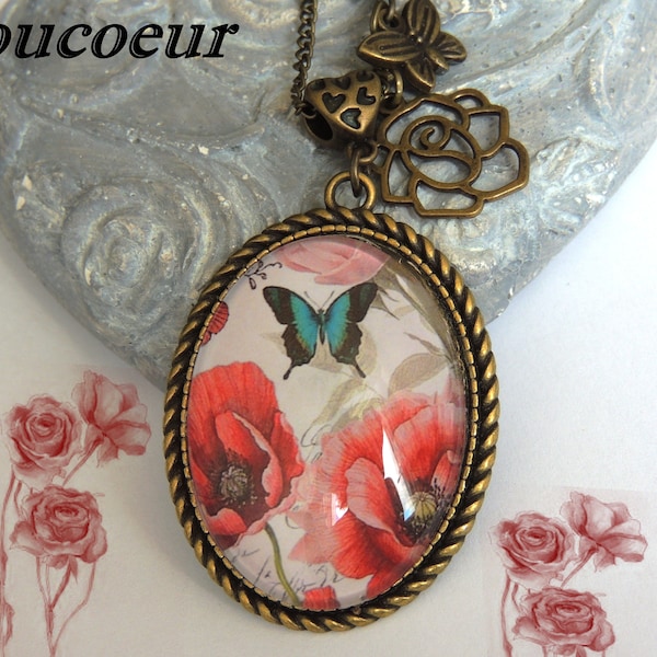 Collier  pendentif cabochon ,Rencontre papillon et coquelicots, Romantique Vintage Baroque.