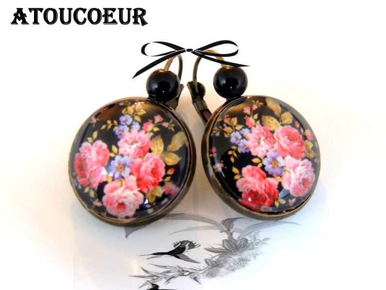 Boucles D'oreilles Dormeuse Bouquet De Roses, Classique,Rétro. image 9