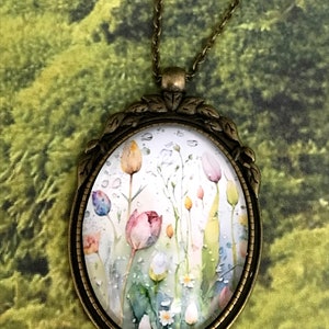 Cabochon long necklace necklace, An air of Spring, romantic vintage baroque. image 3