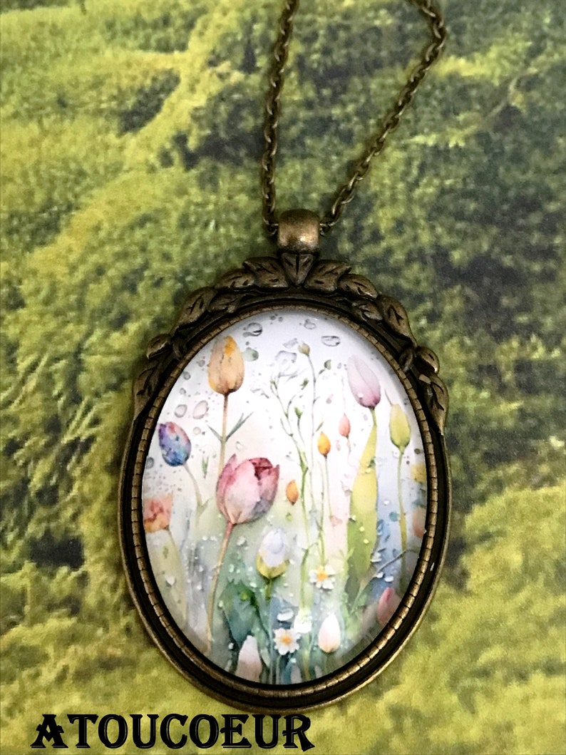 Cabochon long necklace necklace, An air of Spring, romantic vintage baroque. image 3