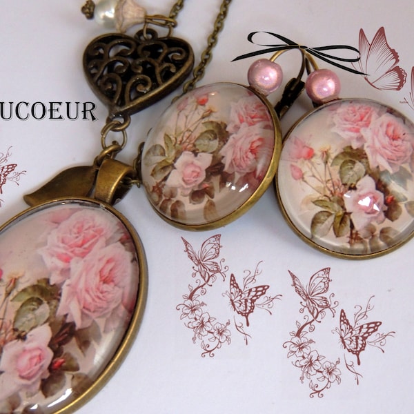 Collier Pendentif cabochon , Roses D'antan , Romantique Baroque Vintage.