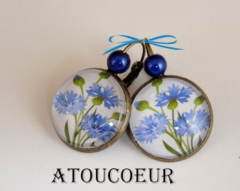 Boucles D'oreilles Dormeuse,  Mon Joli Bleuet, Vintage.
