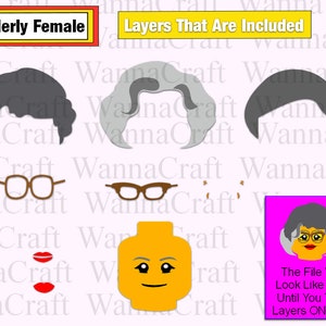 A brick head of a grandmother, similar to a lego minifigure head, is shown in a layered image. 3 different customizable hairstyles as well as glasses and wrinkles are available create an SVG cut file for Cricut.