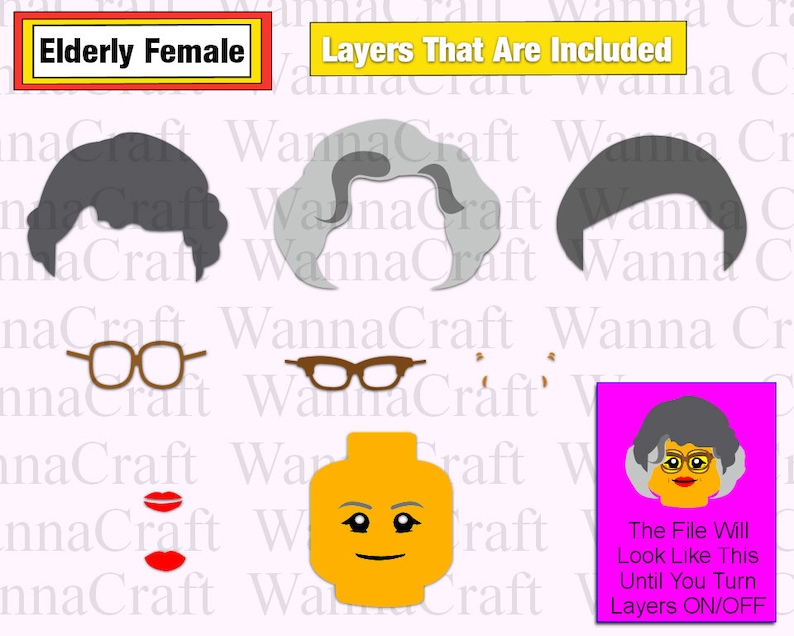 A brick head of a grandmother, similar to a lego minifigure head, is shown in a layered image. 3 different customizable hairstyles as well as glasses and wrinkles are available create an SVG cut file for Cricut.