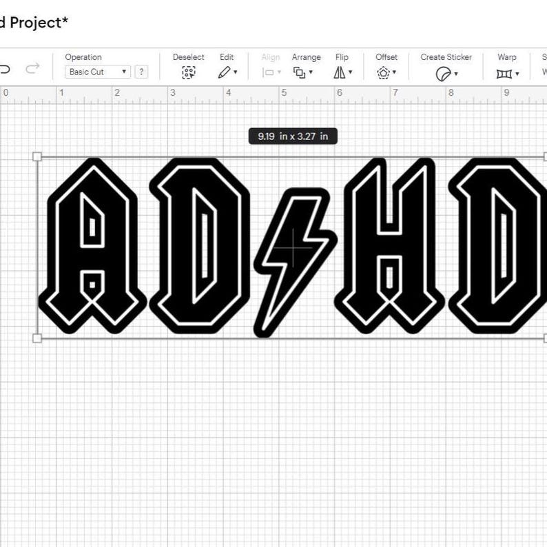 Screenshot of Cricut Design Space with AD HD two-layer SVG file loaded for cutting, perfect ADHD craft file for shirts and decals.