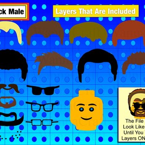 A brick head of a male, similar to a lego minifigure head, is shown in a layered image. 6 different hairstyles, 3 beards and 3 glasses are available to create an SVG cut file for Cricut.
