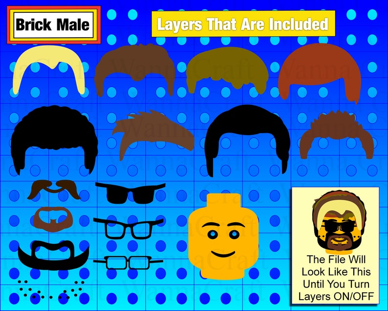 A brick head of a male, similar to a lego minifigure head, is shown in a layered image. 6 different hairstyles, 3 beards and 3 glasses are available to create an SVG cut file for Cricut.