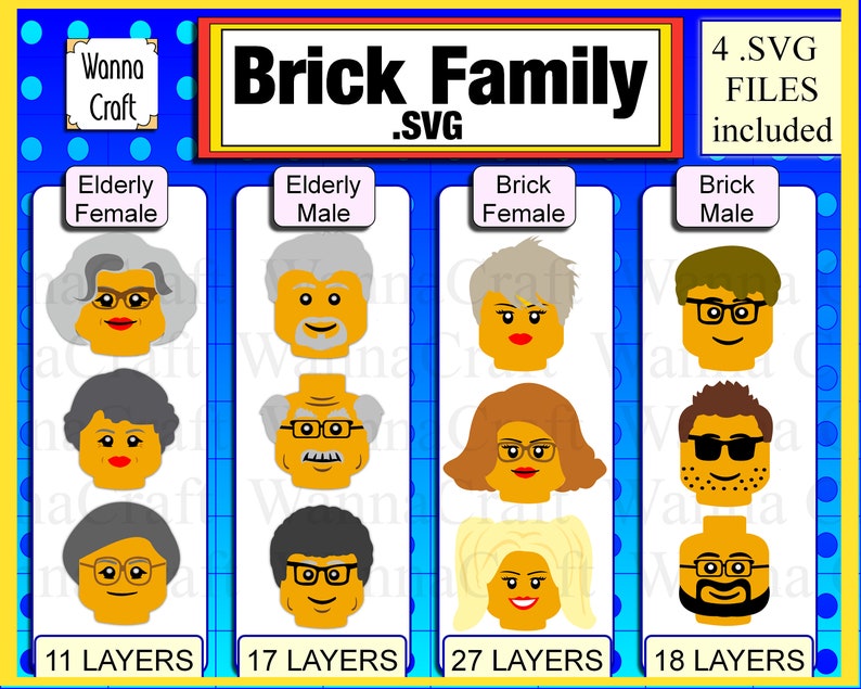 twelve photos of customizable brick heads are shown. You can mix and match features to create tshirts for your Lego vacation or birthday. There are 3 grandmother photos, 3 grandfather, 3 woman and 3 males options shown.