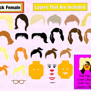 a brick head of a female, similar to a lego minifigure head, is shown in a layered image. 15 different customizable hairstyles are available create an SVG cut file for Cricut.