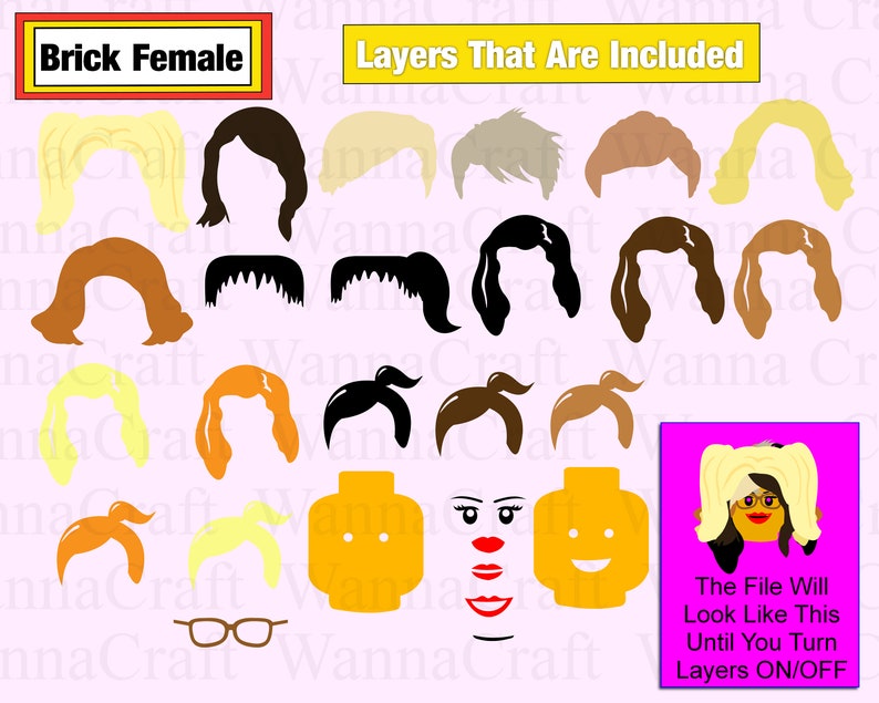 a brick head of a female, similar to a lego minifigure head, is shown in a layered image. 15 different customizable hairstyles are available create an SVG cut file for Cricut.