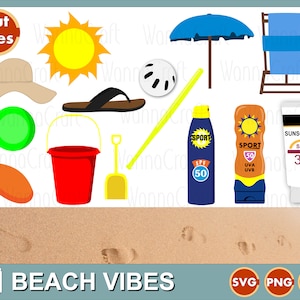 May include: A set of beach themed digital clipart images, including a sun, beach chair, beach umbrella, bucket and shovel, sandals, frisbee, sunscreen, and a hat. The images are on a sandy background with footprints.