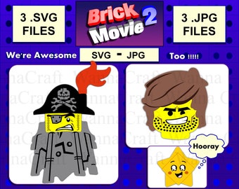 May include: Three digital files for crafting, featuring a Lego minifigure pirate with a red bandana, a Lego minifigure with brown hair and a beard, and a yellow star with a speech bubble that says "Hooray". The text "Brick Movie 2" is in the background.