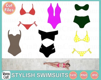May include: A set of ten digital cut files for creating stylish swimsuit designs. The designs include a one-piece swimsuit, a bikini top and bottom, a bandeau bikini top, and a bikini with a high-waisted bottom. The designs are available in SVG, PNG, and JPG formats.