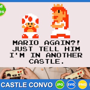 Vintage 80s NES video game Parody. Mario layered SVG file for Cricut, Silhouette. Peach PNG, Toad, mario