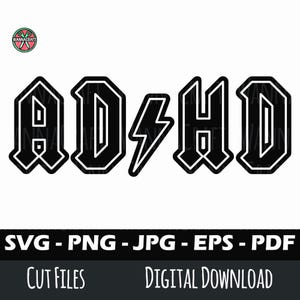 Black AD HD graphic logo inspired by rock band style, isolated on white background for ADHD SVG Cricut and Silhouette projects.