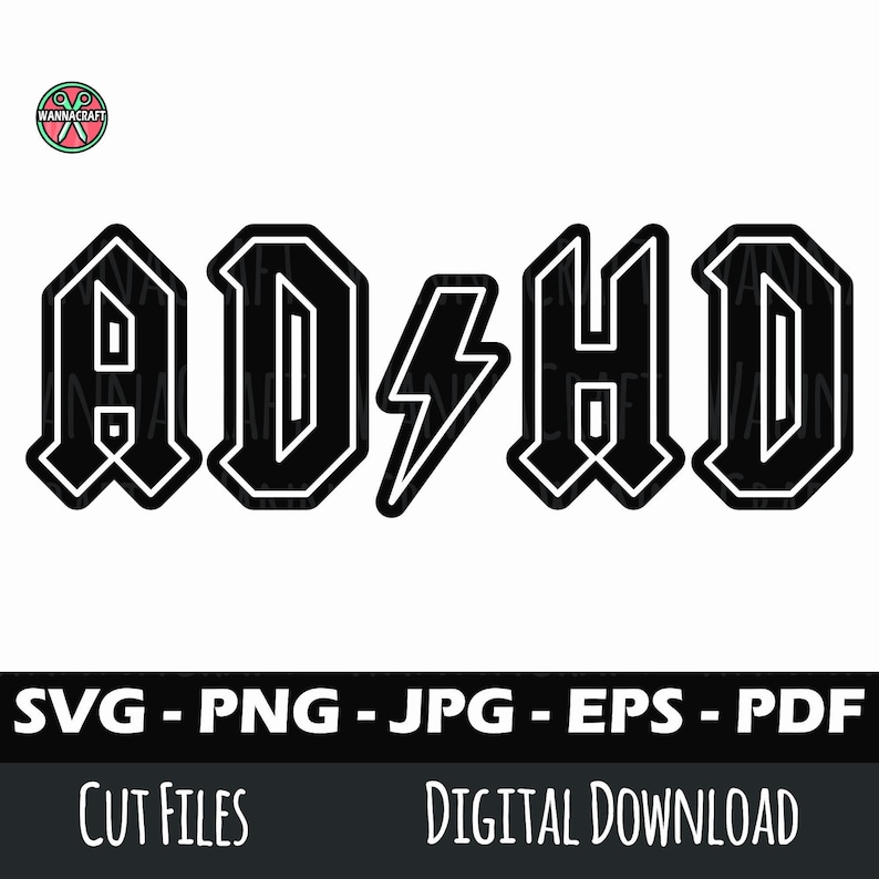 Black AD HD graphic logo inspired by rock band style, isolated on white background for ADHD SVG Cricut and Silhouette projects.