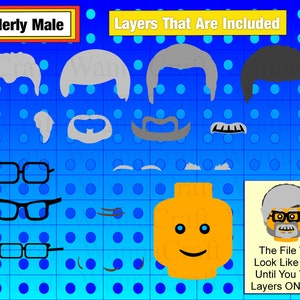 A brick head of a grandfather, similar to a lego minifigure head, is shown in a layered image. 4 different customizable hairstyles, facial hair as well as glasses and wrinkles are available create an SVG cut file for Cricut.