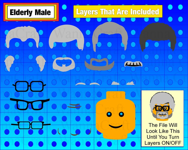 A brick head of a grandfather, similar to a lego minifigure head, is shown in a layered image. 4 different customizable hairstyles, facial hair as well as glasses and wrinkles are available create an SVG cut file for Cricut.