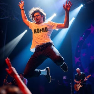 Young man mid-air jump on concert stage wearing white t-shirt with AD HD rock band logo, symbolizing ADHD SVG for men’s shirts and Cricut crafts.