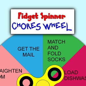 May include: A yellow fidget spinner with black and green rings, sitting on a colorful wheel with the text "Fidget Spinner Chores Wheel" at the top. The wheel is divided into four sections with the following chores: "Get the Mail", "Match and Fold Socks", "Load Dishwasher", and "Straighten Room".