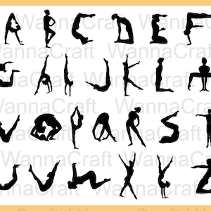 May include: Black and white silhouette images of people in yoga poses forming the letters of the alphabet. The letters are A through Z.