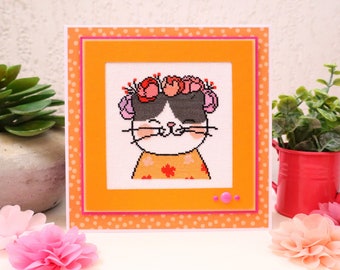 Birthday card, Mother's Day, hand-embroidered card, Cat-Frida, flowers, cross stitch, Original handmade card, Cardmaking and stationery