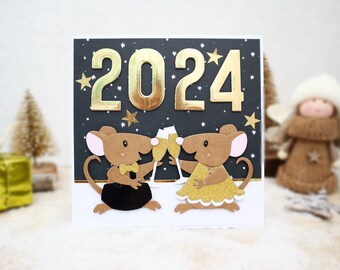 Carte de voeux, souris, champagne, happy new year, réveillon 2024, carte de voeux 3D, carte originale 3D faite main, Carterie et papeterie