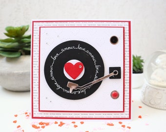 St Valentin, Amour, Musique, Disque vinyl, Tourne-disque, coeur, Carte originale 3D faite main, Carterie et papeterie