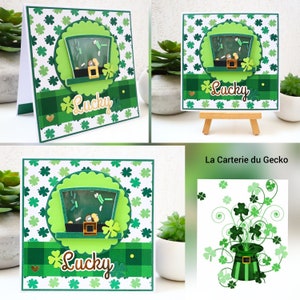 Carte shaker porte bonheur, carte St Patrick, chapeau, chance, trèfles, Carte à secouer originale, carte faite main, carterie et papeterie image 2