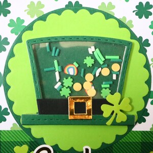 Carte shaker porte bonheur, carte St Patrick, chapeau, chance, trèfles, Carte à secouer originale, carte faite main, carterie et papeterie image 10