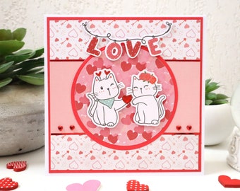 Carte Saint Valentin, carte mariage, chat, love, amoureux, coeurs, amour, carte 3D, carte originale, carte faite main, carterie et papeterie